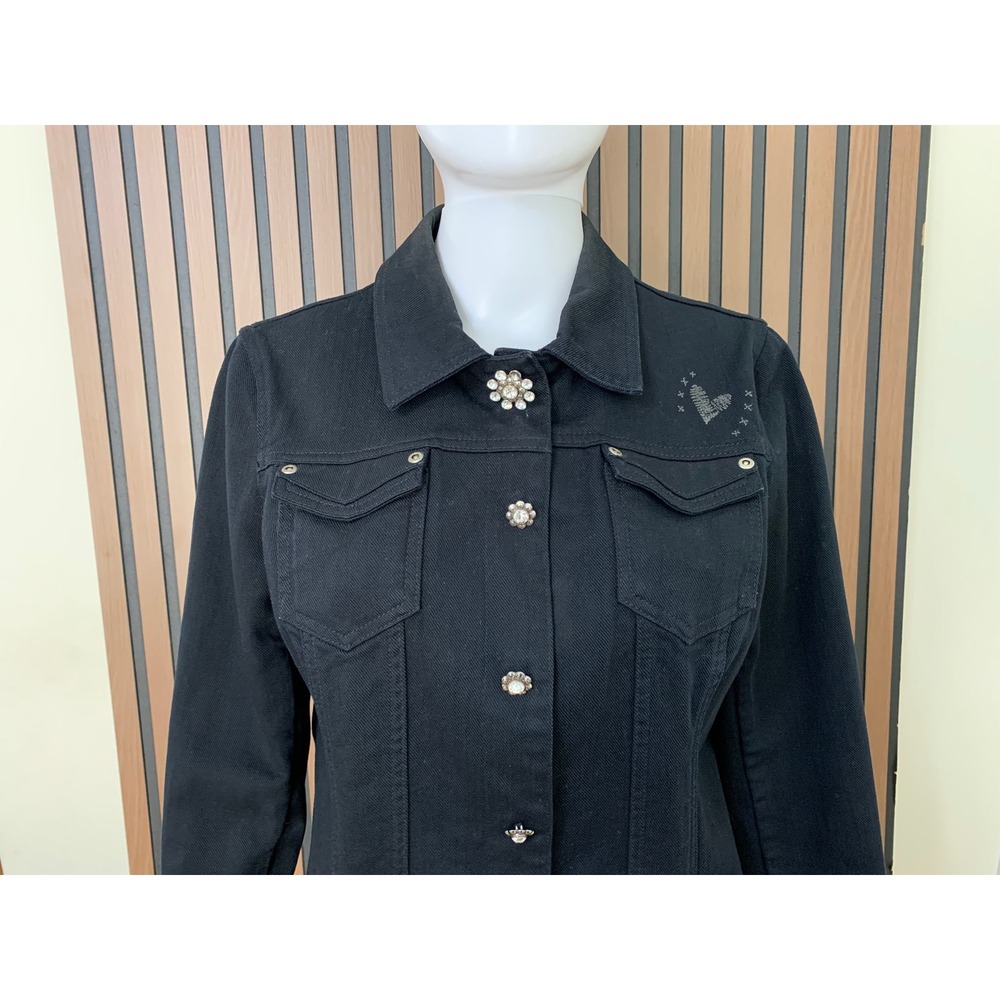 Brighton Women's Black Denim Jacket Rhinestone Flower Buttons Heart Embroidery - Picture 2 of 10